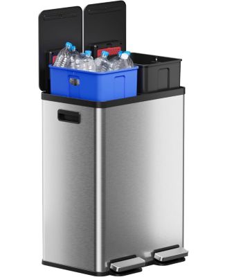 SoftStep 16 Gallon Stainless Steel Dual Compartment Combo Step Pedal Trash Can and Recycle Bin with Dual Odor Filters and Color-Coded Removable Inner Buckets for Home, Office, Kitchen, 60 Liter