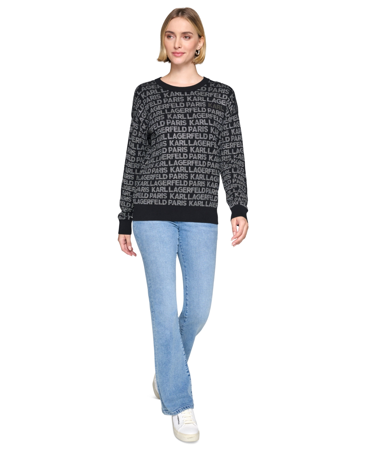 Karl Lagerfeld Paris Women's Logo Signature Crewneck Sweater, Regular & Petite -Gunmetal