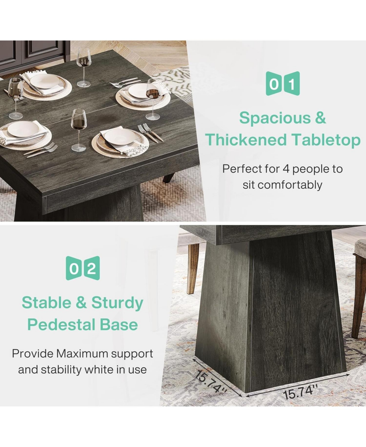 Tribesigns Square Dining Table for 4, 31.5-Inch Kitchen Table Small Dinner Table with Sturdy Pedestal Base, Farmhouse Dining Room Table, Gray
