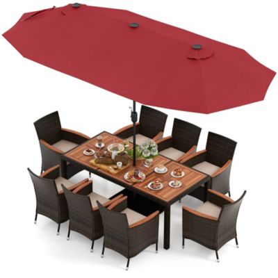 11 PCS Patio Dining Set with 15ft Double-Sided Patio Umbrella (Base Included)