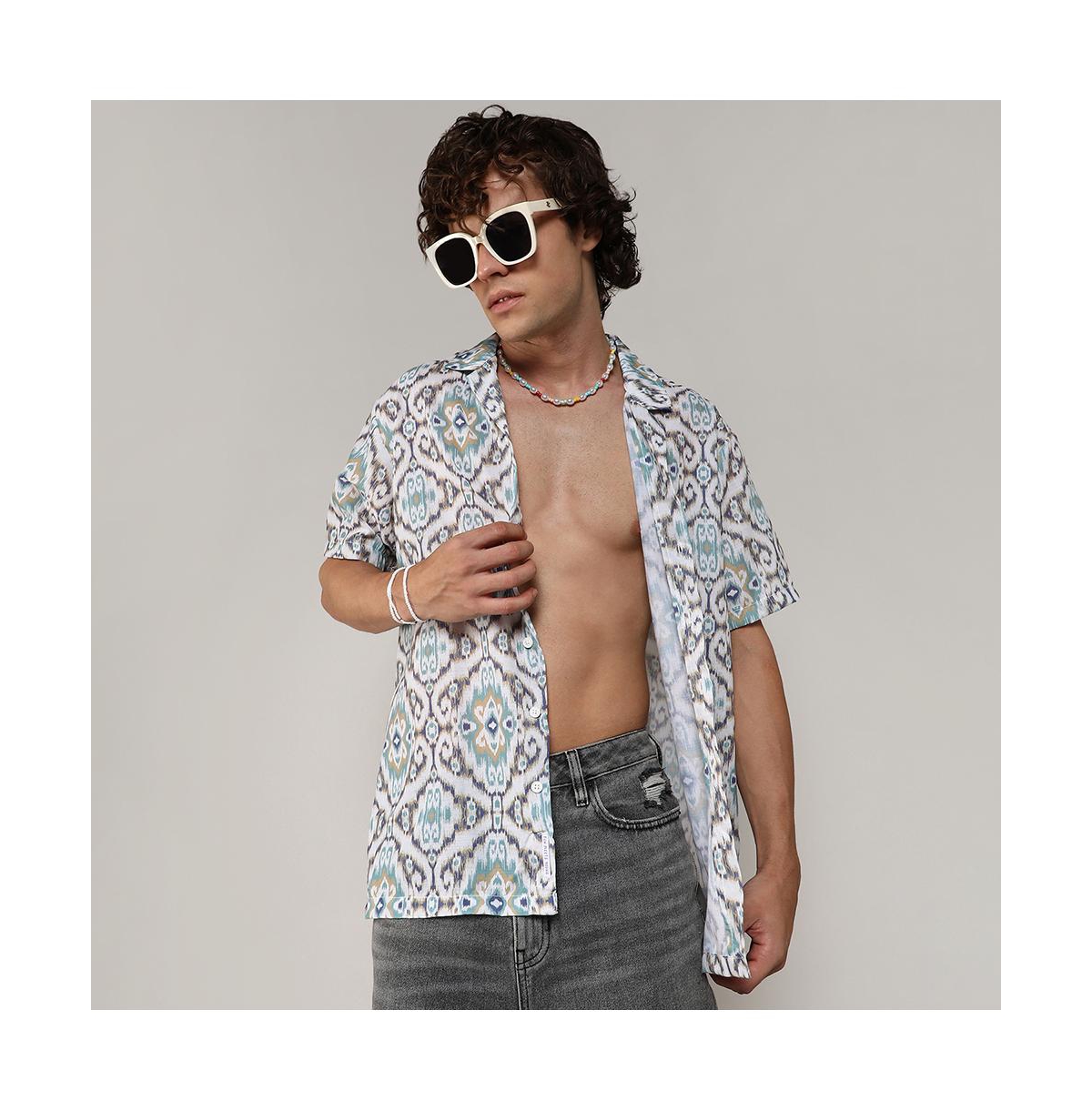 Campus Sutra Men's Ivory& Sage Green Ikkat Shirt - White