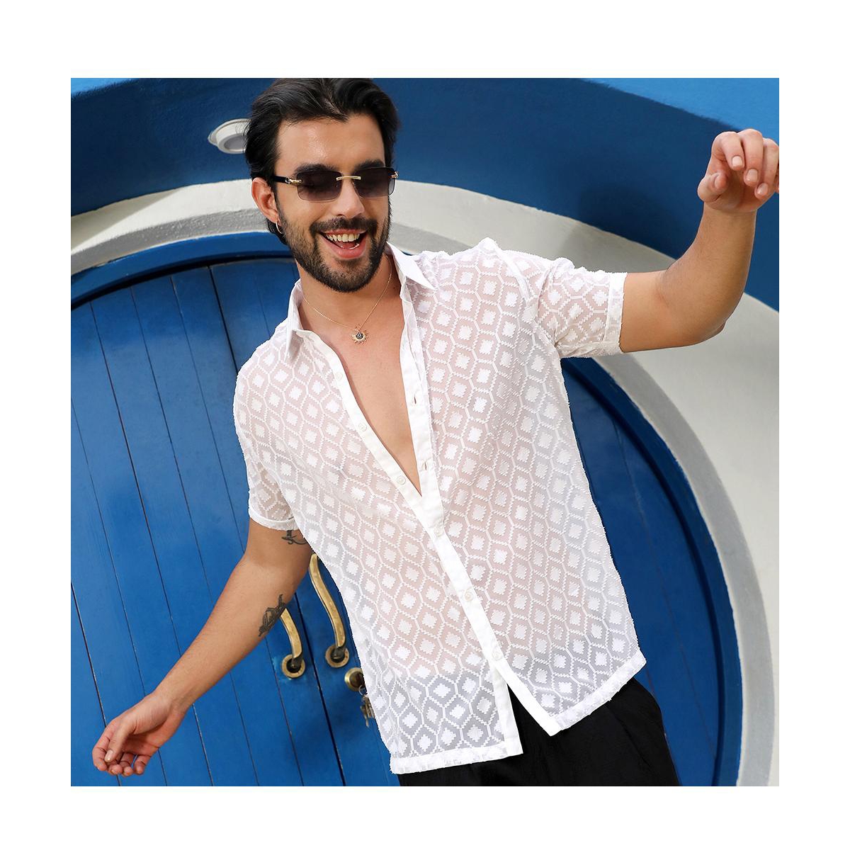 Campus Sutra Men's ChalkSelf-Design Cubic Shirt - White