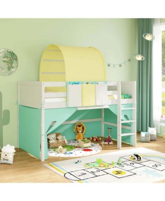 Twin Loft Bed with Tower & Tent 3 Storage Pockets Safety Guardrail and Ladder