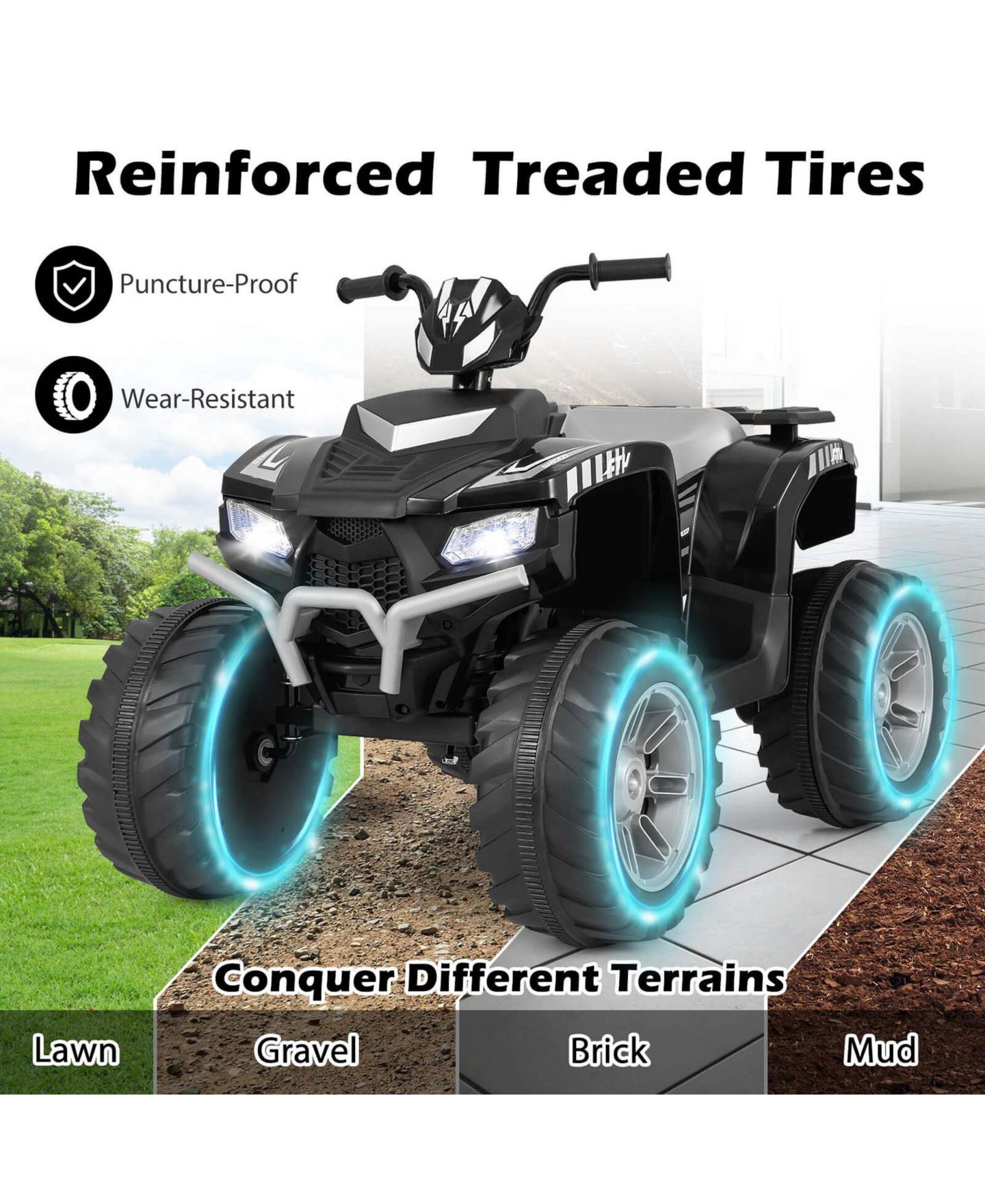 Детская игрушка Costway 24V Kids Ride-On Electric Quad Car with Wireless Connection, 77 lb. Capacity, Ages 3-8, цвет: Чёрный — фото 5