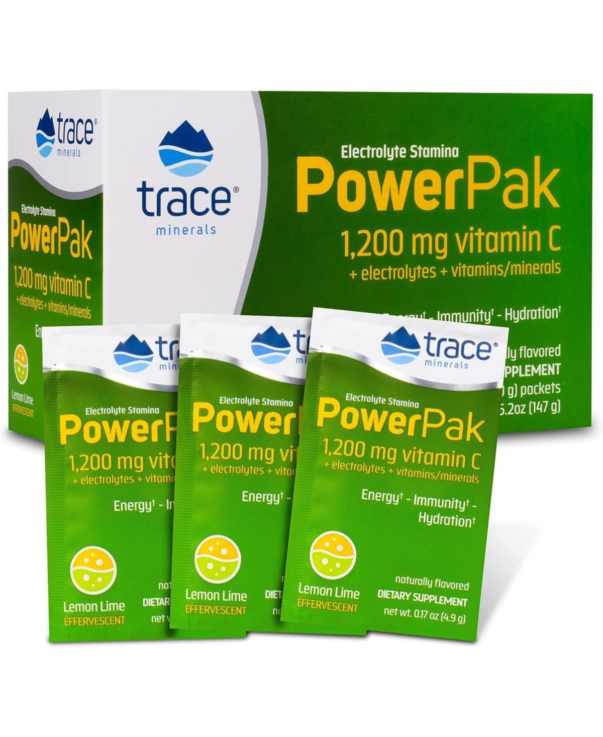 Trace Minerals Power Pak Electrolyte Powder Packets | 1200 mg Vitamin C, Zinc, Magnesium | Boost Immunity, Hydration and Natural Energy | Lemon Lime |
