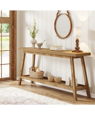 Farmhouse Console Entryway Table: 70.9 Inches All Wood Console Table for Entrance, 2 Tiers Narrow Long Behind Couch Sofa Table, Foyer Entry Table for Hallway, Living Room, Light Brown
