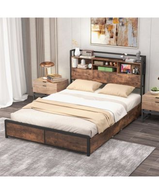 Queen Size Bed Frame w/ Bookcase Headboard & 4 Storage Drawers Vintage Brown