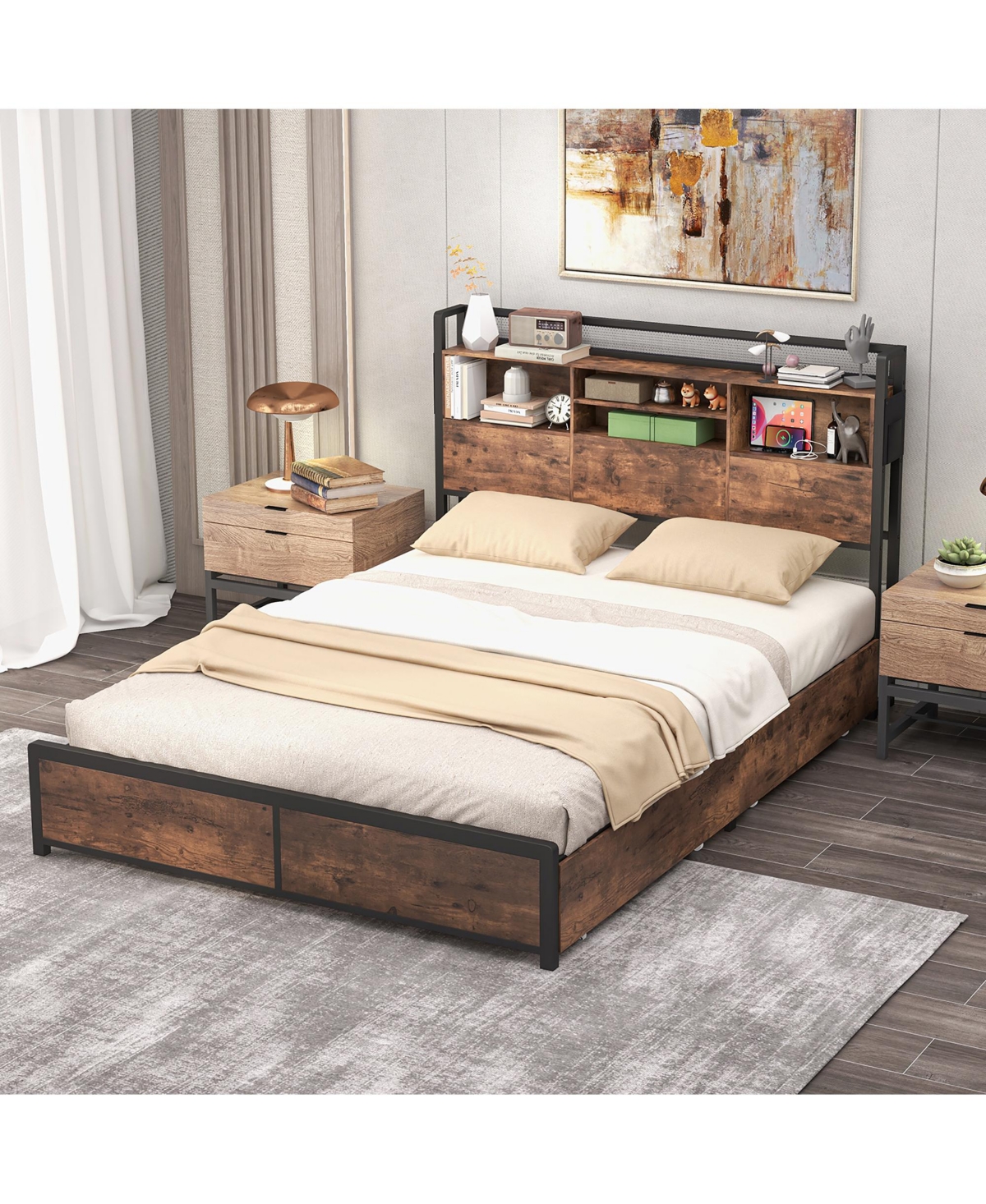 Gymax Queen Frame w/ Bookcase Headboard & 4 Storage Drawers Vintage Brown - Brown+black