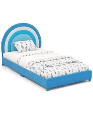 Kids Twin Platform Bed Frame Upholstered Twin Size Bed w/ Wooden Slats Support Blue
