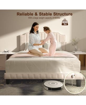 Queen Upholstered Bed Frame with linen fabric vertical lines Rivets headboard