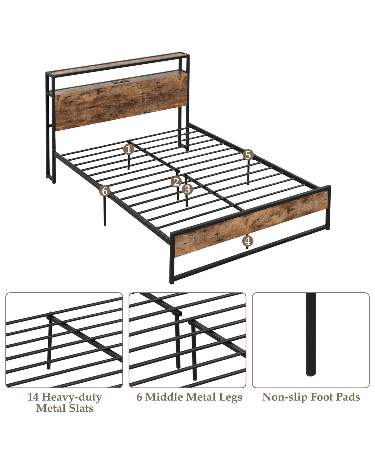 Gymax Full Platform Bed Frame with Charging Station Storage Headboard - Brown+black