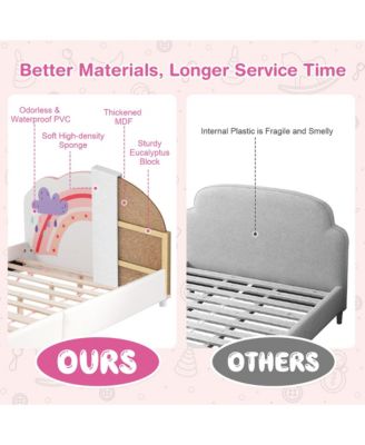 Kids Upholstered Platform Bed Children Twin Size Wooden Bed Rainbow Pattern