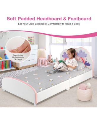 Kids Upholstered Platform Bed Children Twin Size Wooden Bed Rainbow Pattern