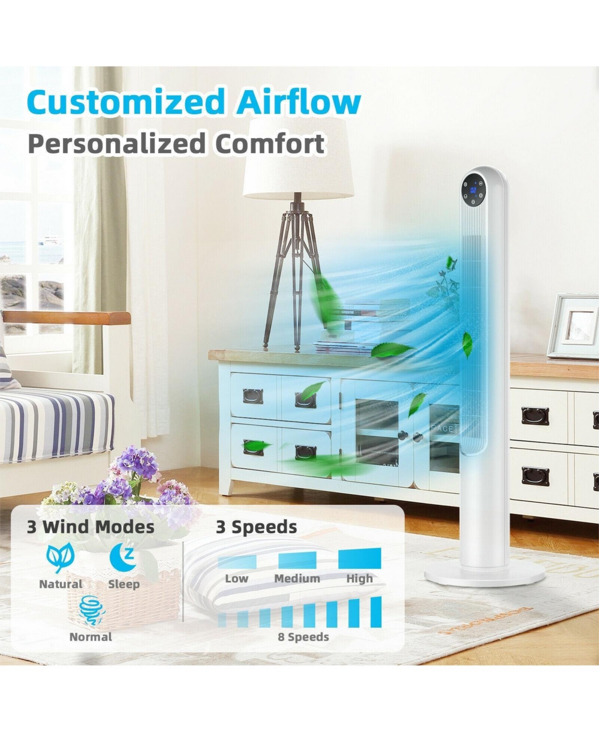 Vebreda 80 Degree Tower Fan with Smart Display Panel and Remote Control- White
