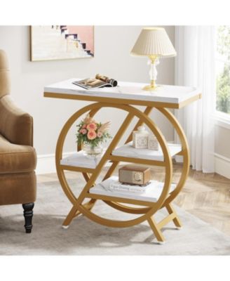 End Table, 3-Tier Faux Marble Side Table with Storage, Wood Narrow Sofa Side Table, Modern Nightstand and Bedside Table, Gold & White