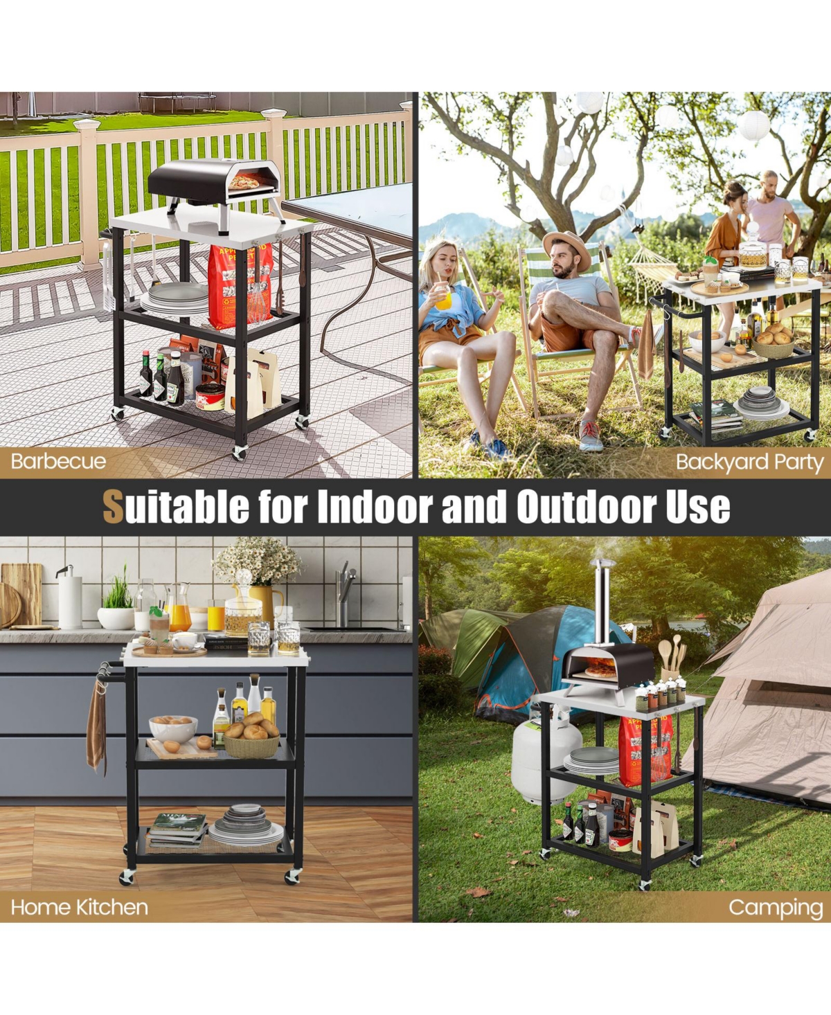 Sugift 3-Tier Foldable Outdoor Stainless Steel Food Prepare Dining Cart Table on Wheels