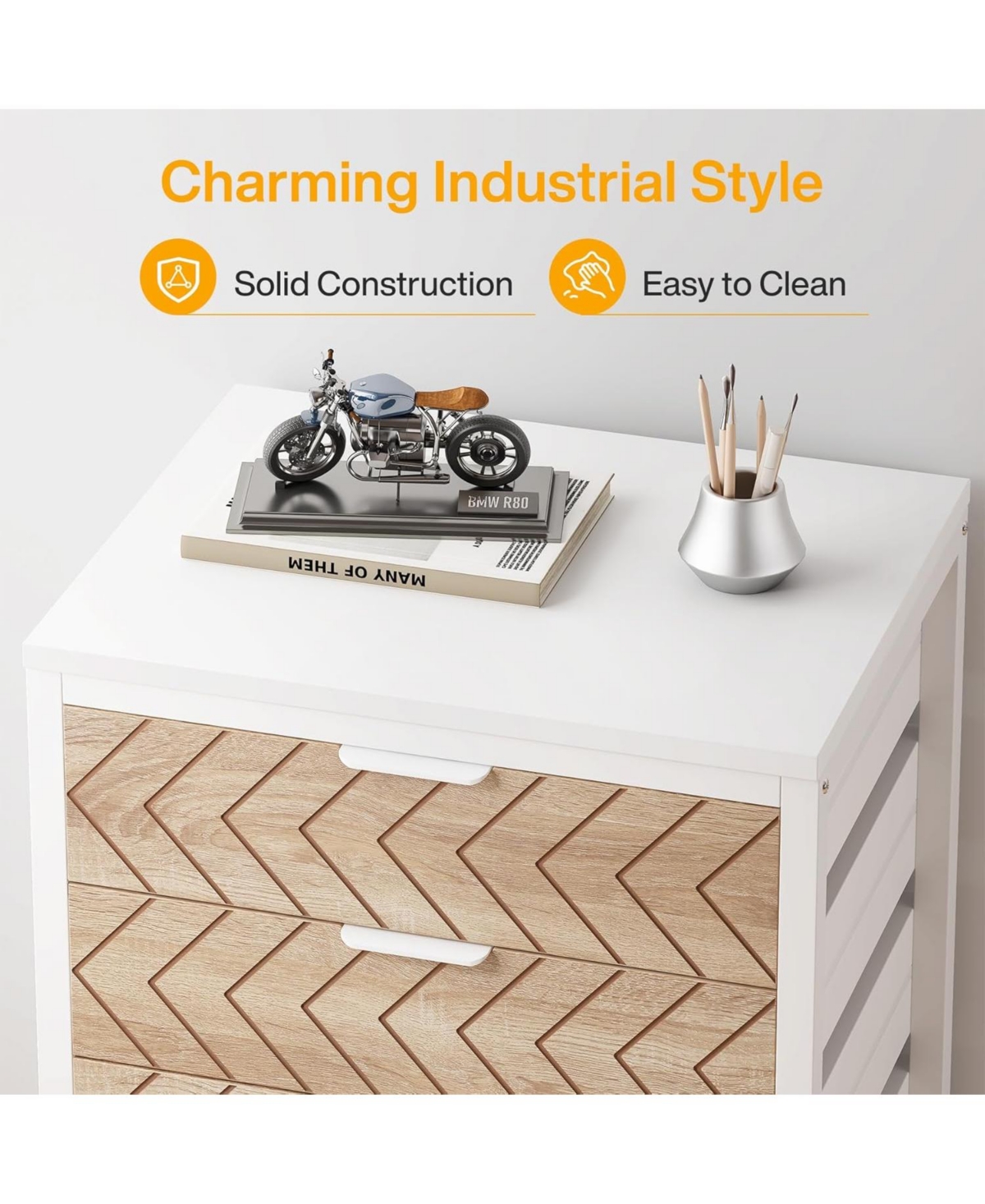 Tribesigns 5 Drawer Chest, Wood Storage Dresser Cabinet with Wheels, Industrial Storage Drawer Organizer Cart for Office Bedroom Entryway - Beige and
