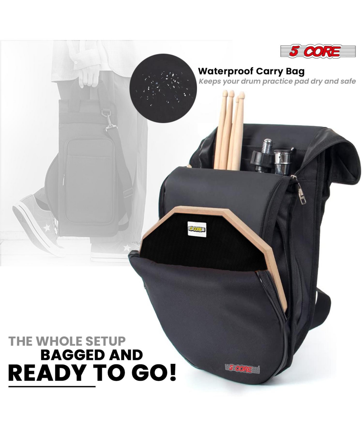 5 Core Drum Practice Pad Set Adjustable Snare Drumming Stand Double Sided Silent Drummer Kit -- Black