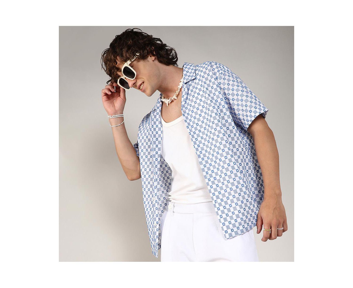 Men's Chalk White & Prussian Blue Embroidered Checkered Shirt