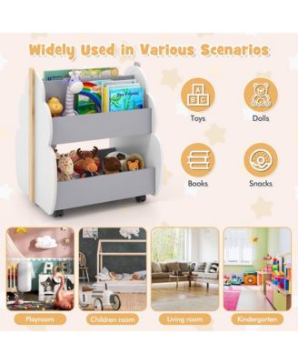 Kids Wooden Bookshelf with Wheels 2-Tier Toy Storage Shelf Double-sided Bookcase