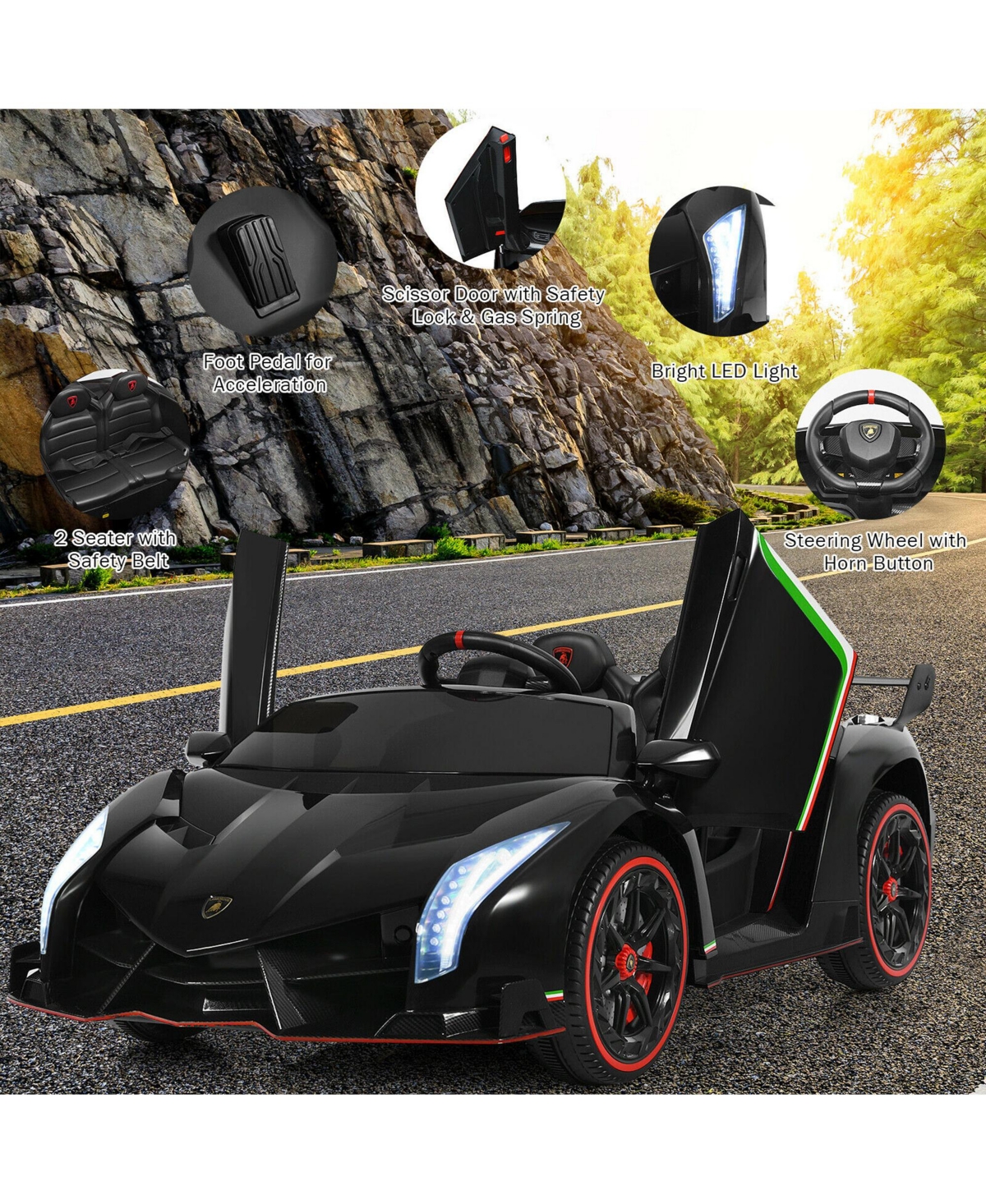 Gymax 12V 2-Seater Licensed Lamborghini Kids Ride On Car w/ Rc & Swing Function Green - Black+red