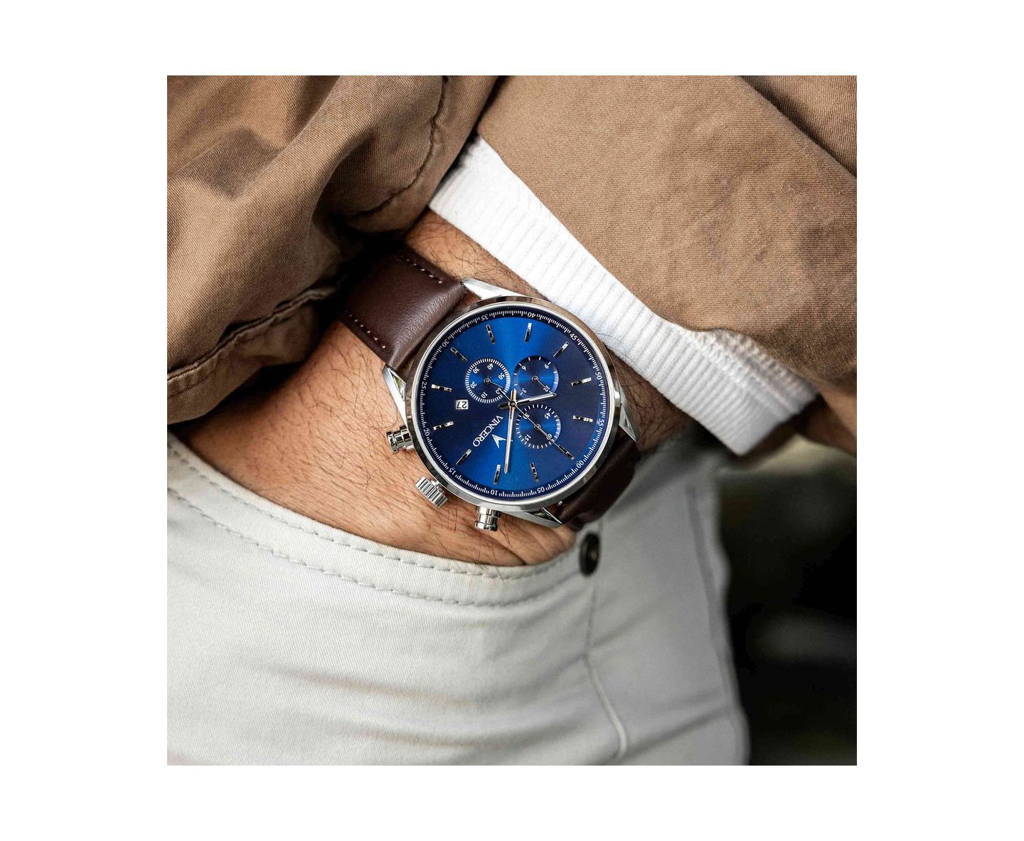 Мужские часы Vincero The Chrono S2 316L Stainless Steel Watch with Italian Leather Strap, цвет: Синий / Коричневый — фото 2