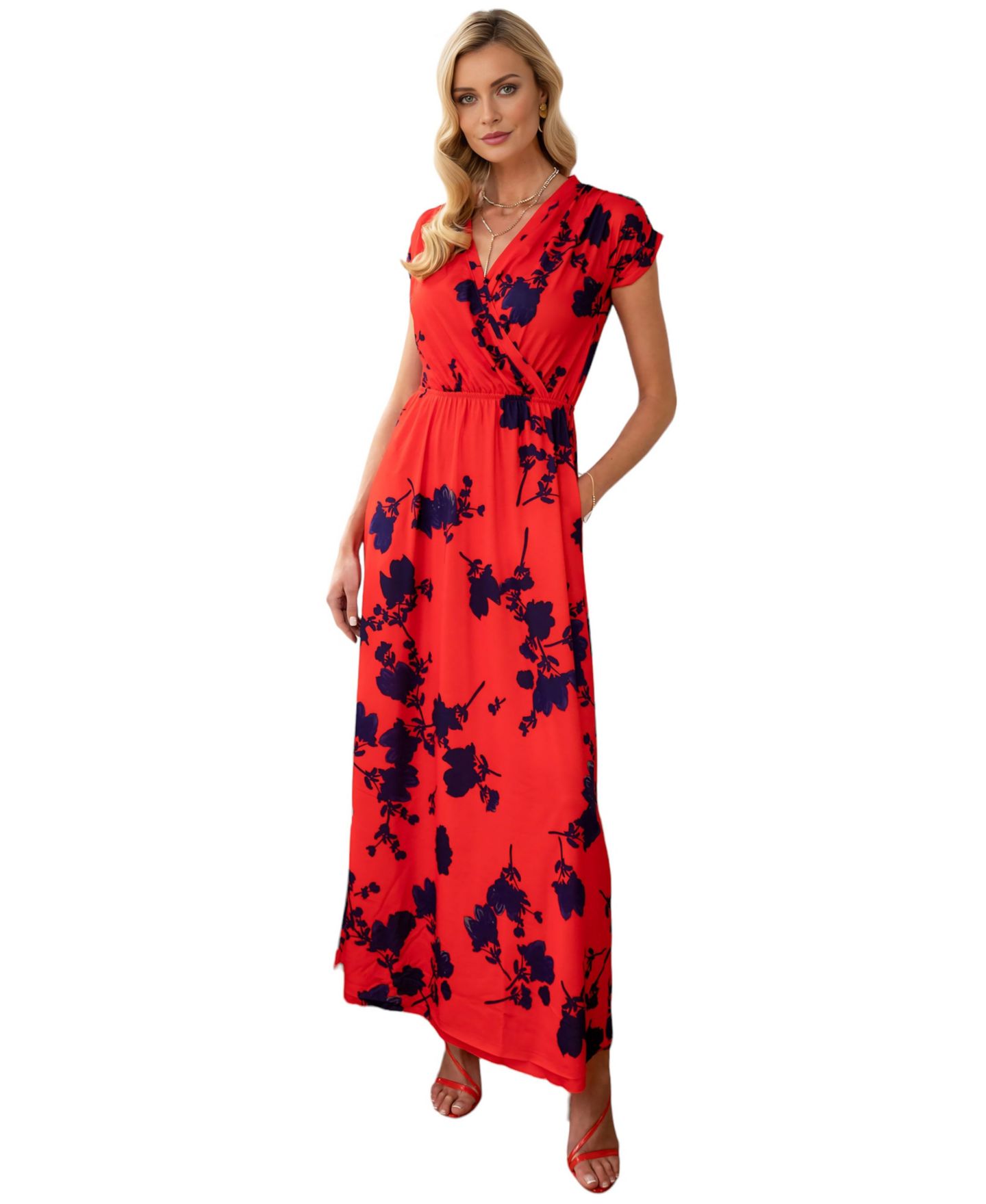 Женское платье Hotsquash London Faux-Wrap Jersey Maxi, цвет: Красный / Синий — фото 2