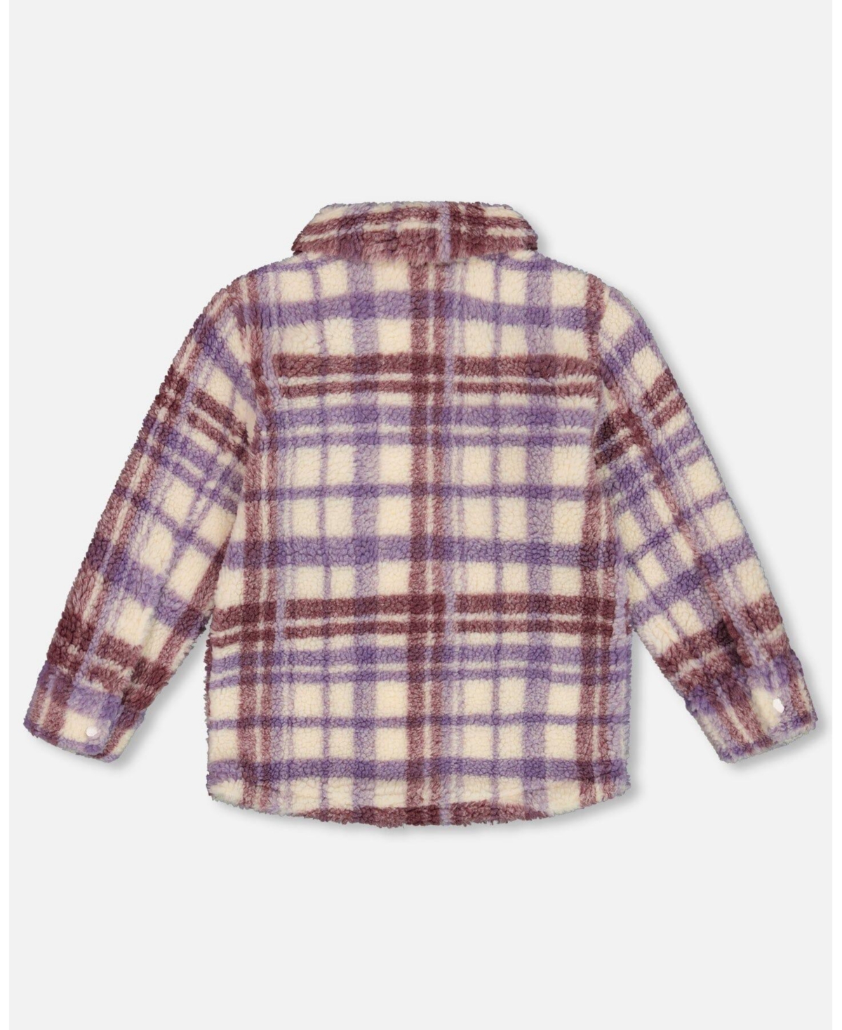 Deux par Deux Big Girls Zip Front Sherpa Overshirt Plaid Purple And White - Plaid purple and white