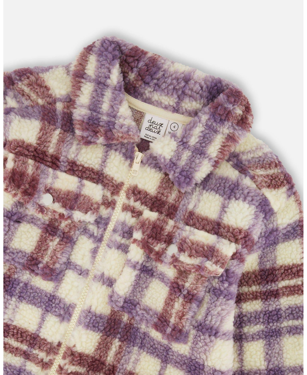 Deux par Deux Big Girls Zip Front Sherpa Overshirt Plaid Purple And White - Plaid purple and white