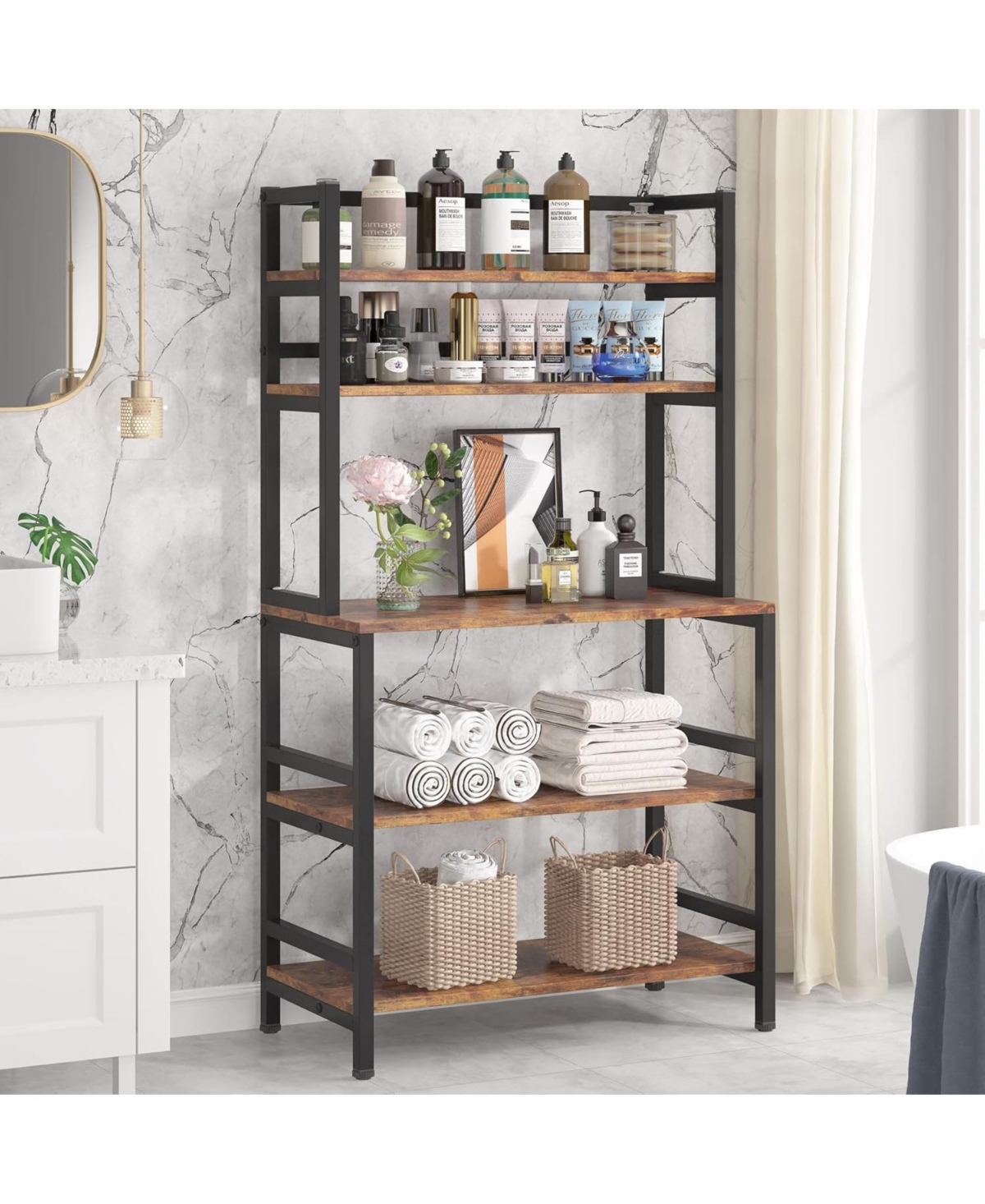 Tribesigns Bakers Rack with Hutch, Microwave Oven Stand, 5-Tier Kitchen Utility Storage Shelf, Height Free Standing Kitchen Organizer for Spices, Pots