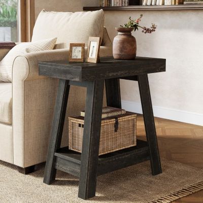 2-Tier Wooden End Table Set of 2, Farmhouse Small Sofa Side Table with Storage, Rustic Grey