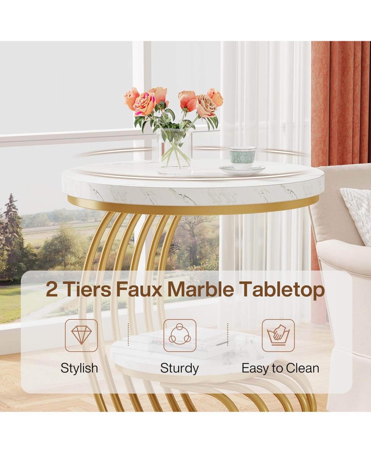 Tribesigns Gold Round End Table: 2 Tiers Side Table Set of 2 with Storage Shelf, Modern White Gold Bedside Nightstand, Metal Faux Marble Accent Table