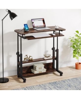 Portable Desk with Power Outlets, Height Adjustable Side Table Sofa Couch Bedside Laptop Computer Cart with USB Charging Ports, Mobile Small Standing Desk with Keyboard Tray