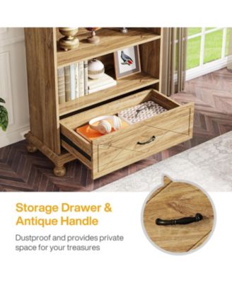 6-Shelf Bookcase with Drawer, 71 Inch Tall Floor Standing Bookshelf with Solid Wood Legs, 6-Tier Large Open Display Storage Book Shelf for Living Room, Home Office