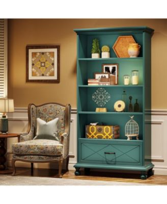 6-Shelf Bookcase with Drawer, 71 Inch Tall Floor Standing Bookshelf with Solid Wood Legs, 6-Tier Large Open Display Storage Book Shelf for Living Room, Home Office