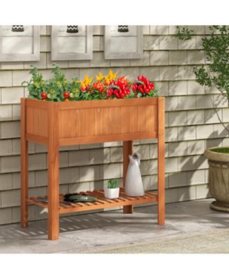 Outdoor Raised Garden Bed Fir Wood Planter Box with Bottom Storage Shelf and Protective Liner
