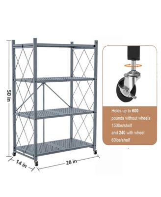 4-Tier Folding Storage Shelves Metal Folding Shelves with Wheels, 600Lbs Capacity, Grey