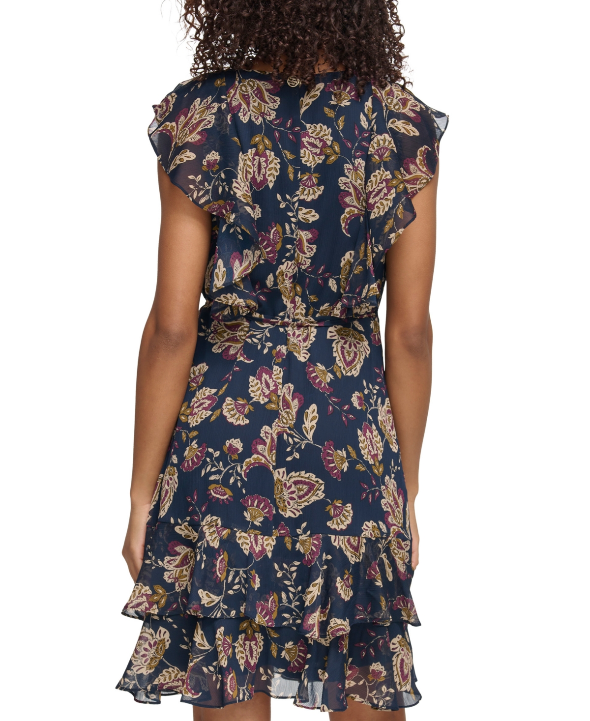 Tommy Hilfiger Women's Printed Flutter-sleeve Ruffle Dress In Sky Captain,aubergine
