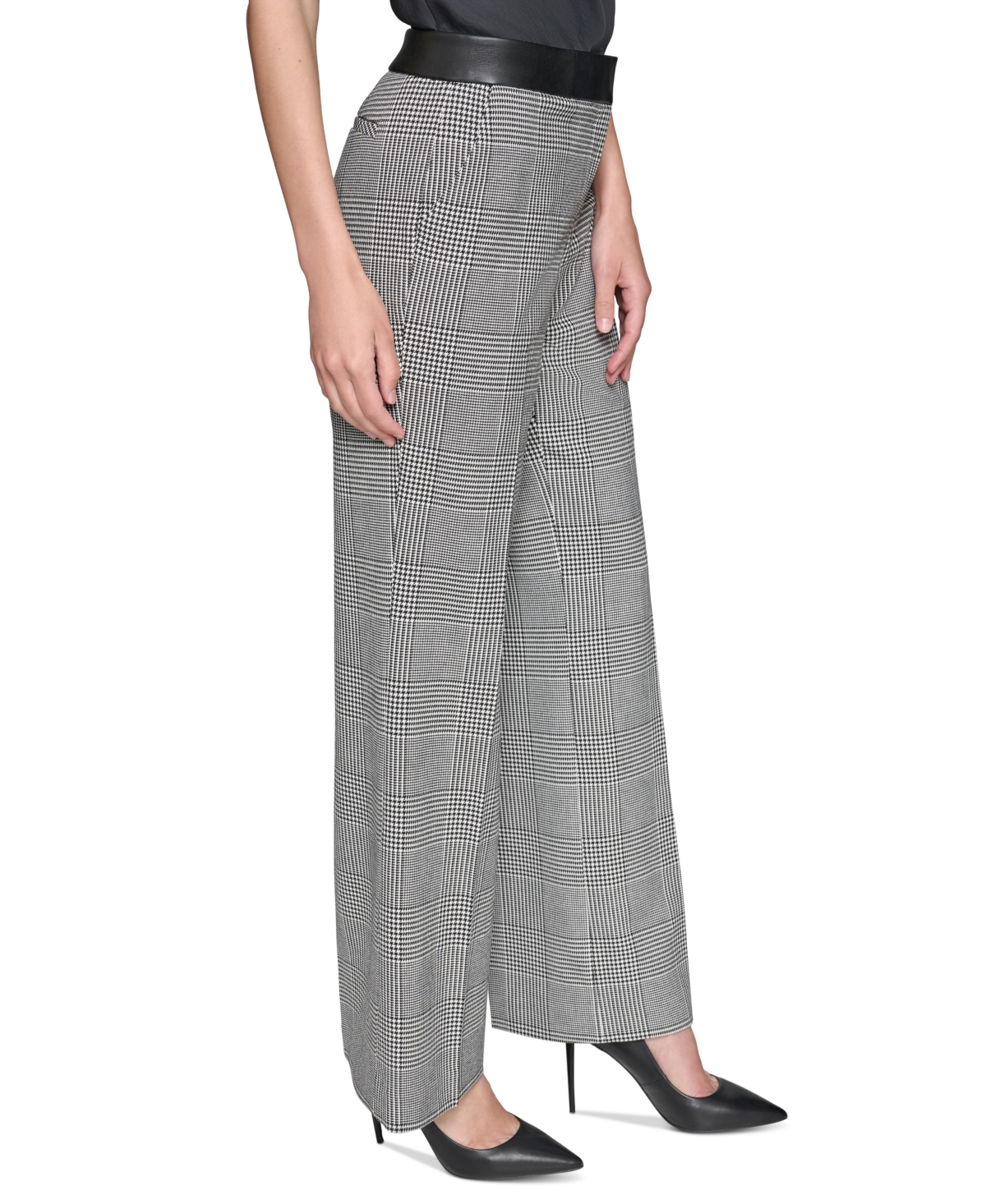 Karl Lagerfeld Paris Women's Plaid Faux-Leather-Waist Pants - Black  White