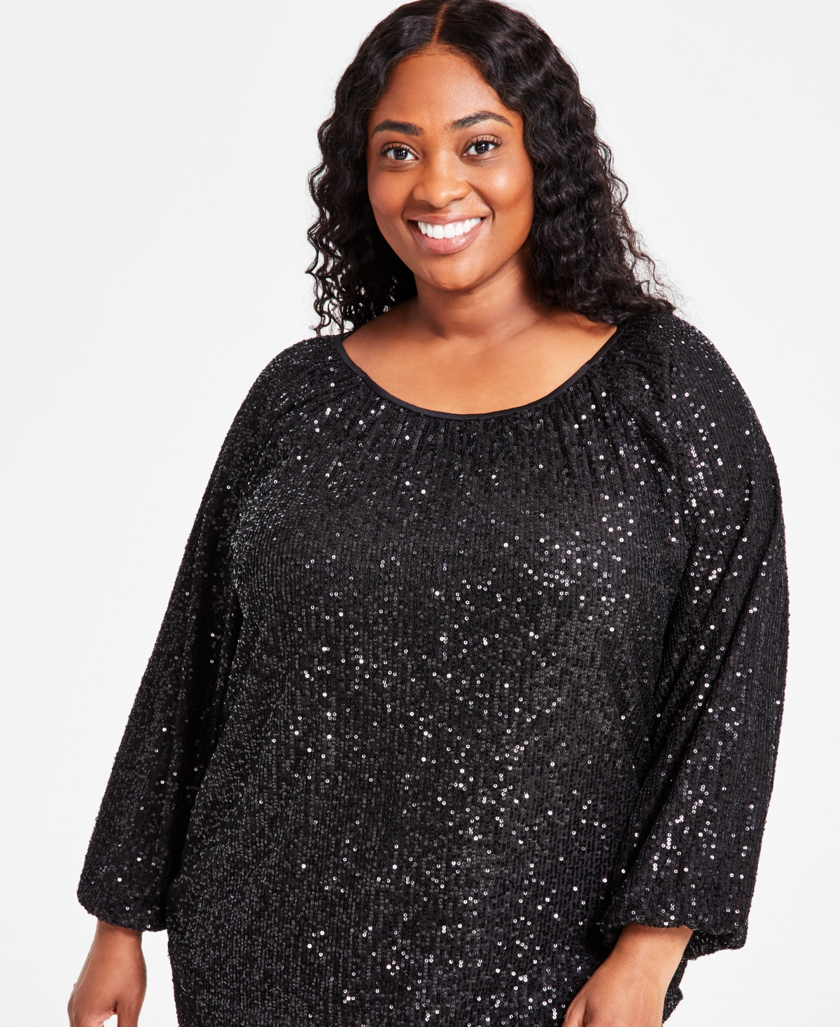 Jm Collection Plus Size Sequin Boat-Neck Long-Sleeve Top, Created for Macy's
