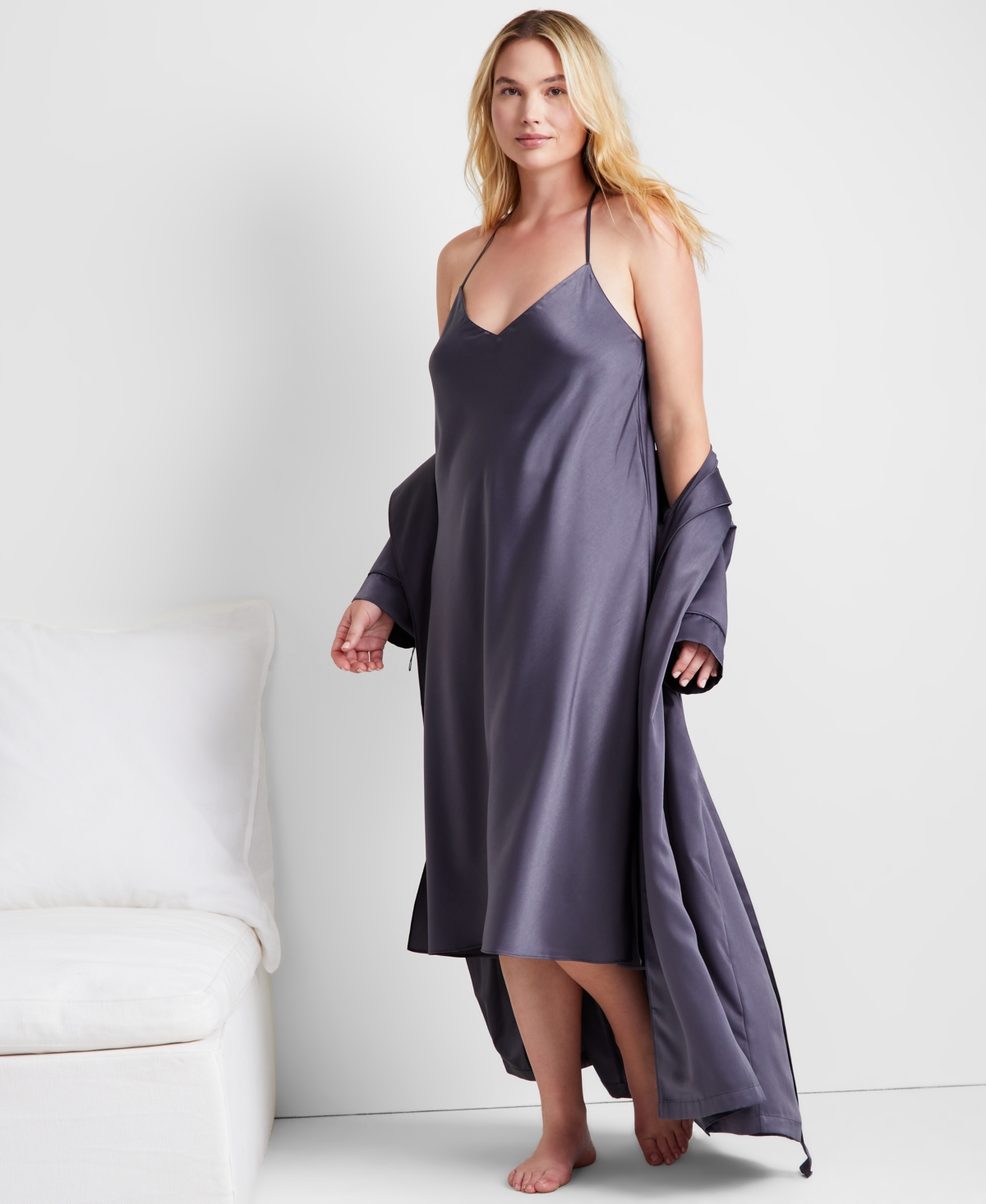 State Of Day Women's Sleeveless Crepe De Chine Nightgown, Created For Macy's In Ebony Grey