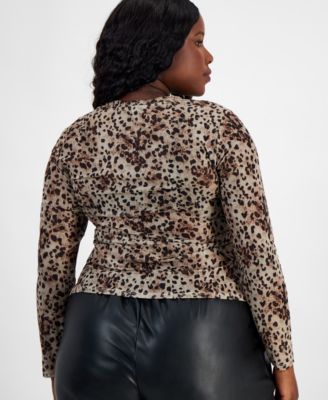 Bar III Trendy Plus Size Cheetah-Print Mesh Crewneck Top, Created for Macy's