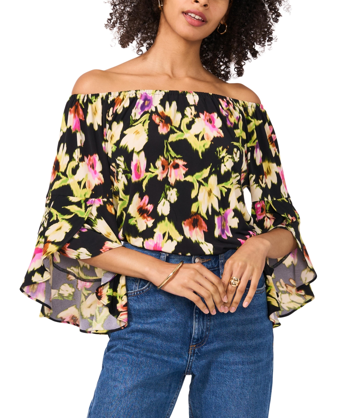 VINCE CAMUTO WOMEN'S PRINTED OFF-THE-SHOULDER FLUTTER-SLEEVE TOP 