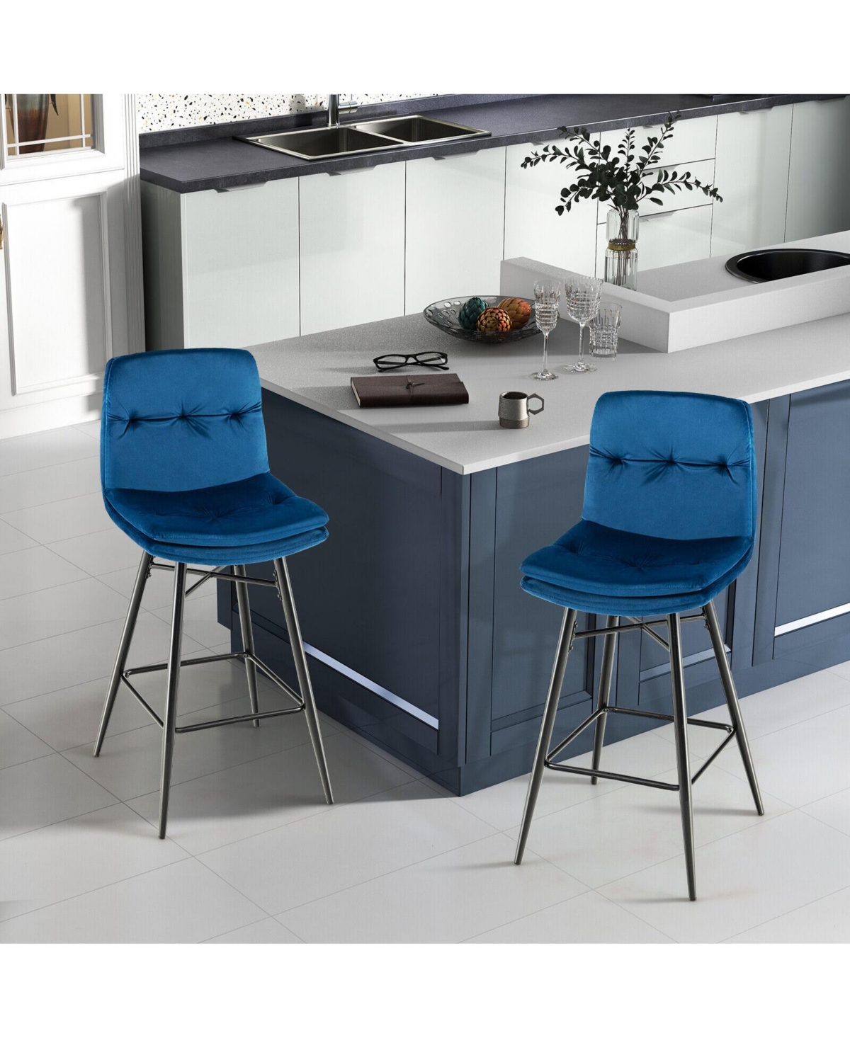 Sugift 2 Pieces 29 Inch Velvet Bar Stools Set with Tufted Back and Footrests