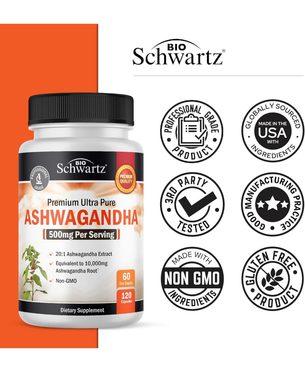 Ashwagandha Supplements - Extra Strength Ashwagandha Capsules with 500mg 20 to 1 Root Extract Equivalent to 10,000mg Ashwaganda Powder