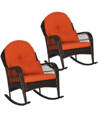 Patio Rattan Rocking Chair with Seat Back Cushions and Waist Pillow