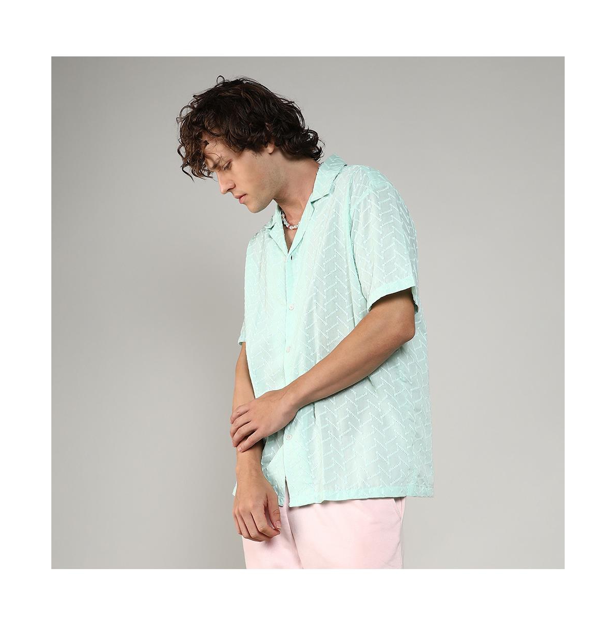Campus Sutra Men's MintEmbroidered Zig-Zag Shirt - Green