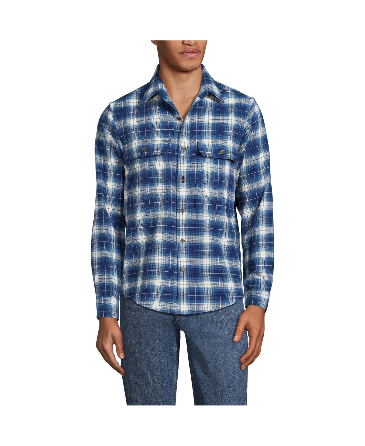 Lands' End Men's Long Sleeve Woven Waffle Work Shirt -navy plaid