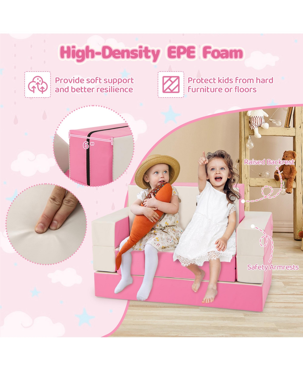 Costway Children Modular 6-Piece Combination Sofa Set with Pu Leather Cover for Playroom