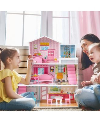 Kids Wooden Dollhouse Playset with 5 Simulated Rooms and 10 Pieces of Furniture